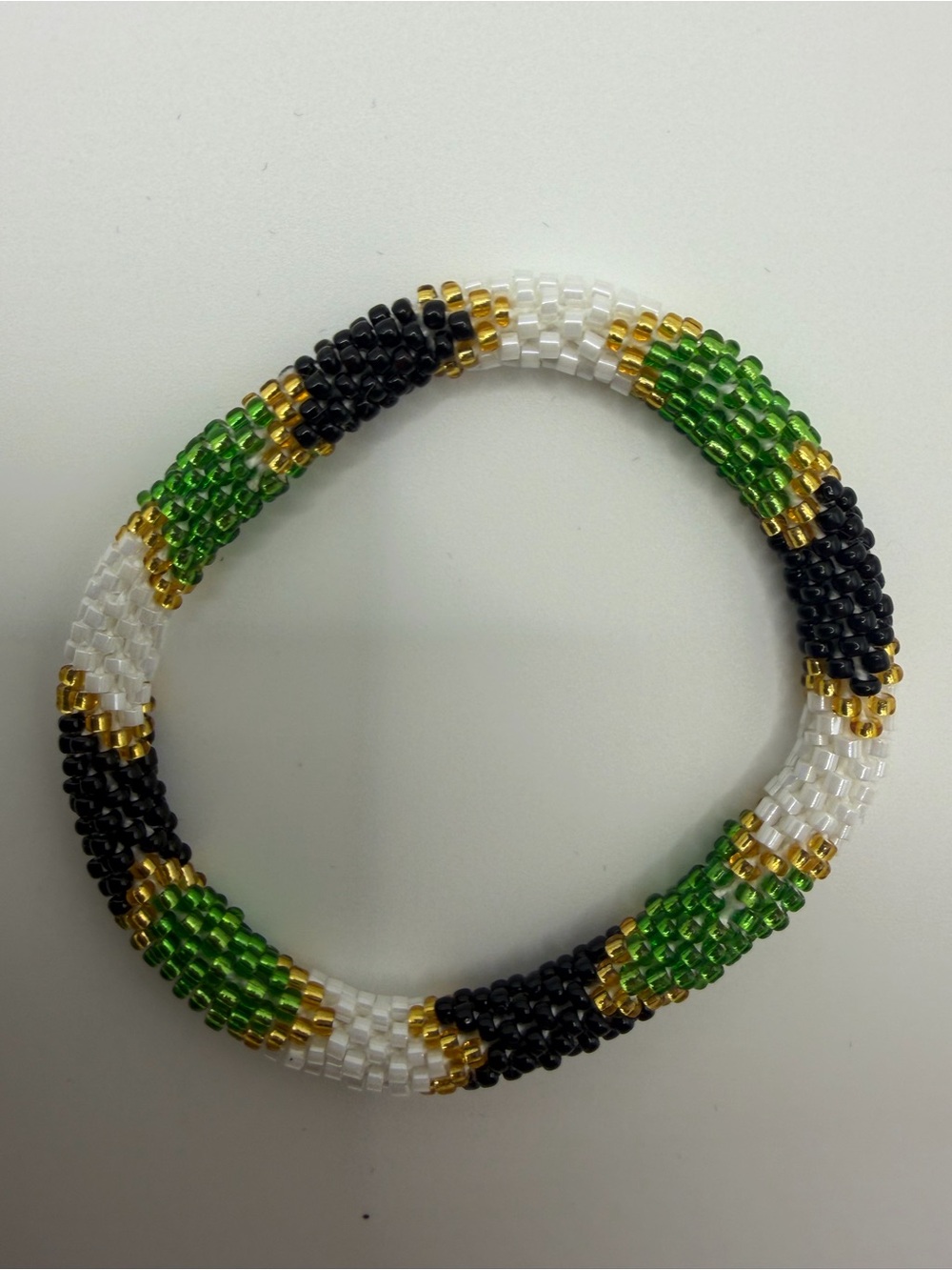 Beaded Stretch Bangle Bracelet in Green, Black, White & Gold